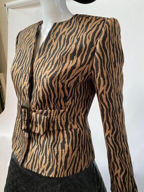 Liz Claiborne Womens Zebra Print Belted Blazer Jacket 2P Petite Brown & Black